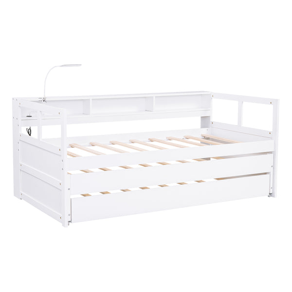 English Elm Twin XL Wood Daybed with Two Trundles, Built-In 3 Cubbies, Integrated Light and USB Charging Hub for Guests and Sleepovers White GX000544AAK