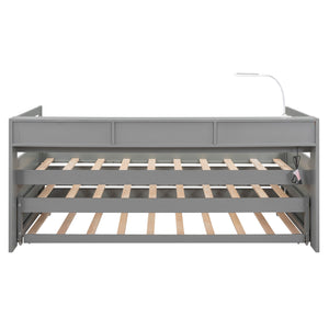 English Elm Twin XL Wood Daybed with Two Trundles, Built-In 3 Cubbies, Integrated Light and USB Charging Hub for Guests and Sleepovers Gray GX000544AAE
