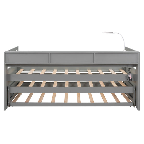English Elm Twin XL Wood Daybed with Two Trundles, Built-In 3 Cubbies, Integrated Light and USB Charging Hub for Guests and Sleepovers Gray GX000544AAE