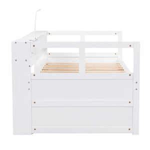 English Elm Twin XL Wood Daybed with Two Trundles, Built-In 3 Cubbies, Integrated Light and USB Charging Hub for Guests and Sleepovers White GX000544AAK