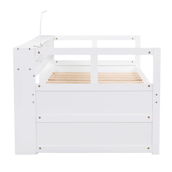 English Elm Twin XL Wood Daybed with Two Trundles, Built-In 3 Cubbies, Integrated Light and USB Charging Hub for Guests and Sleepovers White GX000544AAK