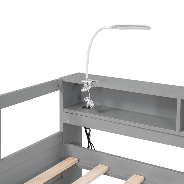 English Elm Twin XL Wood Daybed with Two Trundles, Built-In 3 Cubbies, Integrated Light and USB Charging Hub for Guests and Sleepovers Gray GX000544AAE