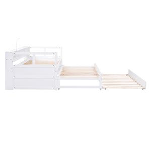 English Elm Twin XL Wood Daybed with Two Trundles, Built-In 3 Cubbies, Integrated Light and USB Charging Hub for Guests and Sleepovers White GX000544AAK