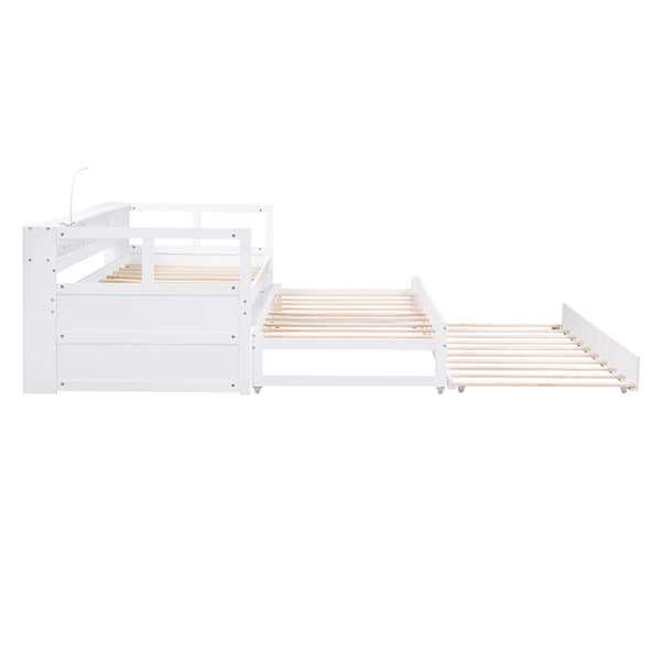 English Elm Twin XL Wood Daybed with Two Trundles, Built-In 3 Cubbies, Integrated Light and USB Charging Hub for Guests and Sleepovers White GX000544AAK