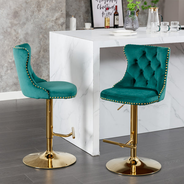 English Elm A&A Elegant Green Velvet Swivel Barstools, Adjustable Height 25-33", Set Of 2 For Modern Spaces W114383663