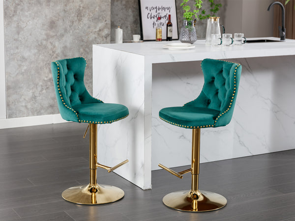English Elm A&A Velvet Swivel Barstool with Back, Adjustable 25–33" Height, Tufted Upholstery & Chrome Base Green W114383663