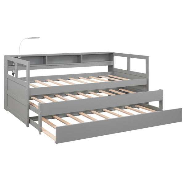 English Elm Twin XL Wood Daybed with Two Trundles, Built-In 3 Cubbies, Integrated Light and USB Charging Hub for Guests and Sleepovers Gray GX000544AAE