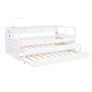 English Elm Twin XL Wood Daybed with Two Trundles, Built-In 3 Cubbies, Integrated Light and USB Charging Hub for Guests and Sleepovers White GX000544AAK