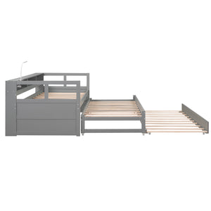 English Elm Twin XL Wood Daybed with Two Trundles, Built-In 3 Cubbies, Integrated Light and USB Charging Hub for Guests and Sleepovers Gray GX000544AAE
