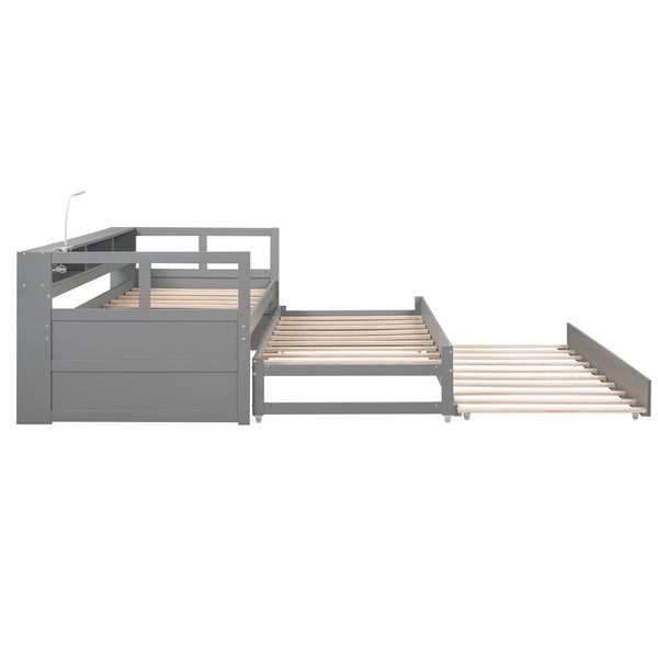 English Elm Twin XL Wood Daybed with Two Trundles, Built-In 3 Cubbies, Integrated Light and USB Charging Hub for Guests and Sleepovers Gray GX000544AAE