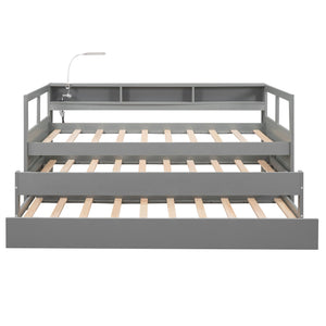 English Elm Twin XL Wood Daybed with Two Trundles, Built-In 3 Cubbies, Integrated Light and USB Charging Hub for Guests and Sleepovers Gray GX000544AAE