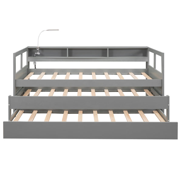 English Elm Twin XL Wood Daybed with Two Trundles, Built-In 3 Cubbies, Integrated Light and USB Charging Hub for Guests and Sleepovers Gray GX000544AAE