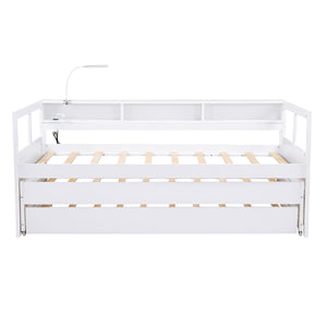 English Elm Twin XL Wood Daybed with Two Trundles, Built-In 3 Cubbies, Integrated Light and USB Charging Hub for Guests and Sleepovers White GX000544AAK