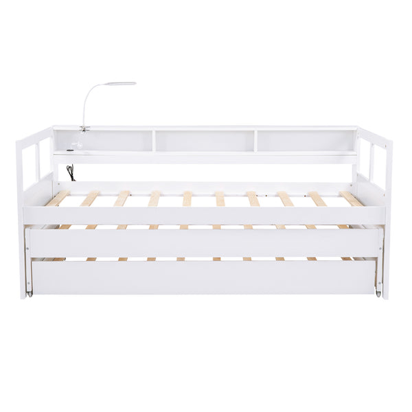 English Elm Twin XL Wood Daybed with Two Trundles, Built-In 3 Cubbies, Integrated Light and USB Charging Hub for Guests and Sleepovers White GX000544AAK