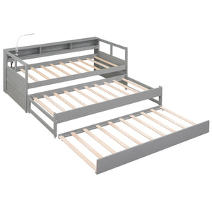 English Elm Twin XL Wood Daybed with Two Trundles, Built-In 3 Cubbies, Integrated Light and USB Charging Hub for Guests and Sleepovers Gray GX000544AAE