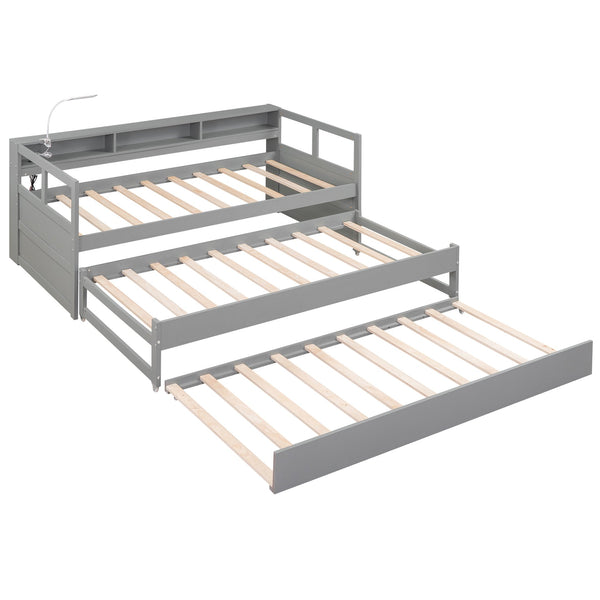 English Elm Twin XL Wood Daybed with Two Trundles, Built-In 3 Cubbies, Integrated Light and USB Charging Hub for Guests and Sleepovers Gray GX000544AAE