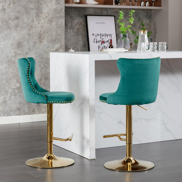 English Elm A&A Velvet Swivel Barstool with Back, Adjustable 25–33" Height, Tufted Upholstery & Chrome Base Green W114383663