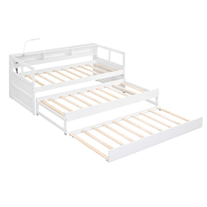 English Elm Twin XL Wood Daybed with Two Trundles, Built-In 3 Cubbies, Integrated Light and USB Charging Hub for Guests and Sleepovers White GX000544AAK
