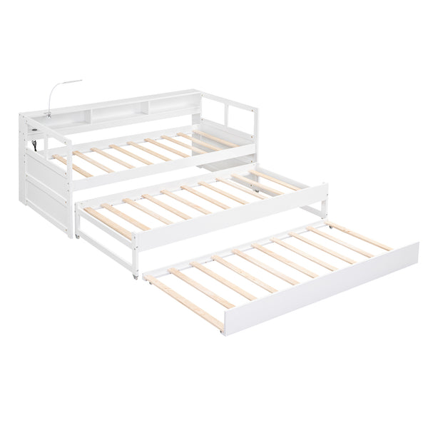 English Elm Twin XL Wood Daybed with Two Trundles, Built-In 3 Cubbies, Integrated Light and USB Charging Hub for Guests and Sleepovers White GX000544AAK