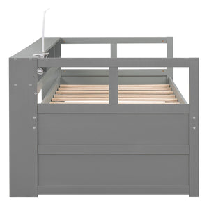English Elm Twin XL Wood Daybed with Two Trundles, Built-In 3 Cubbies, Integrated Light and USB Charging Hub for Guests and Sleepovers Gray GX000544AAE