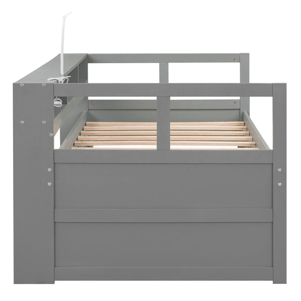 English Elm Twin XL Wood Daybed with Two Trundles, Built-In 3 Cubbies, Integrated Light and USB Charging Hub for Guests and Sleepovers Gray GX000544AAE