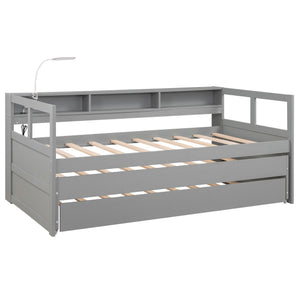 English Elm Twin XL Wood Daybed with Two Trundles, Built-In 3 Cubbies, Integrated Light and USB Charging Hub for Guests and Sleepovers Gray GX000544AAE