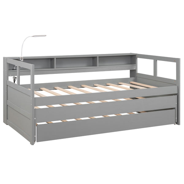 English Elm Twin XL Wood Daybed with Two Trundles, Built-In 3 Cubbies, Integrated Light and USB Charging Hub for Guests and Sleepovers Gray GX000544AAE