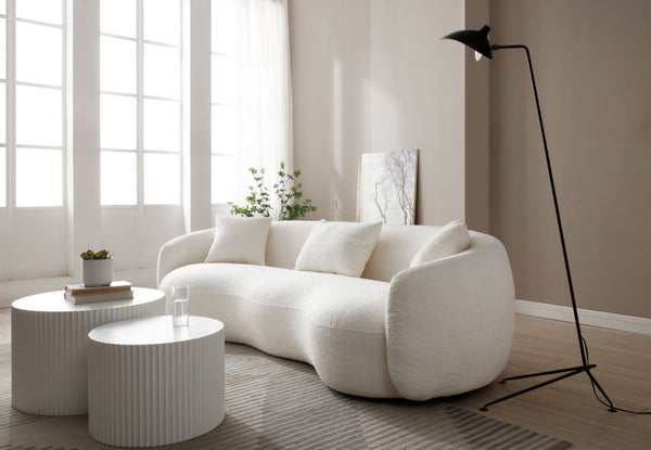 English Elm Mid Century Curved Boucle Sofa Four Seat Sculptural Couch for Modern Living Rooms W87657698