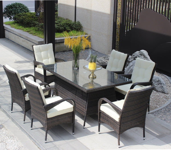 English Elm Patio 7-Piece Rectangular Dining Set with 6 Chairs, Brown PE Rattan, Beige Cushions, Tempered Glass Table W209S00011
