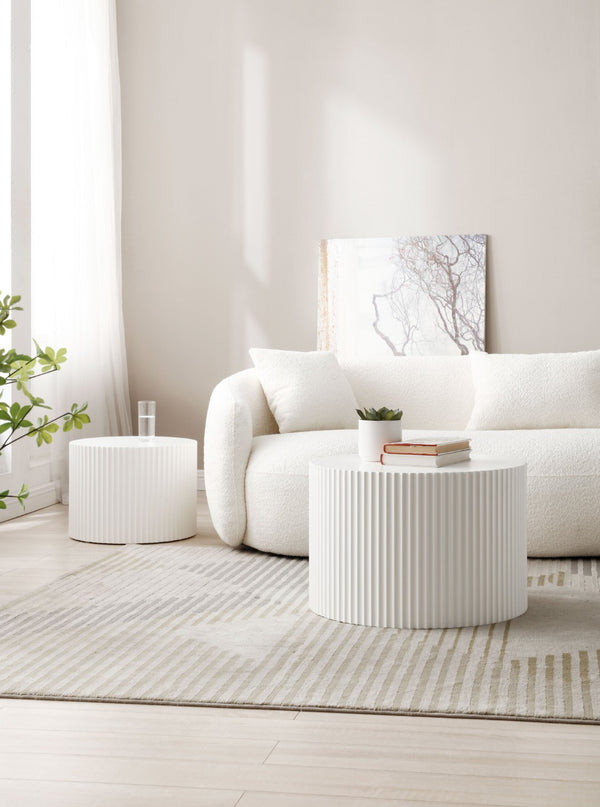 English Elm Nesting Round Mdf Coffee Tables with Relief Detail for Modern Living Rooms 2 Piece White W87682177