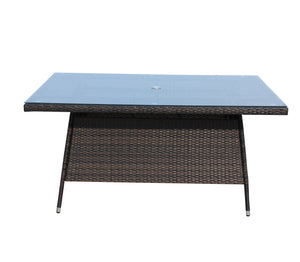 English Elm Outdoor Patio Rectangular Dining Table with 0.2" Tempered Glass Brown Wicker PE Rattan Frame, UV‑Resistant W20967121