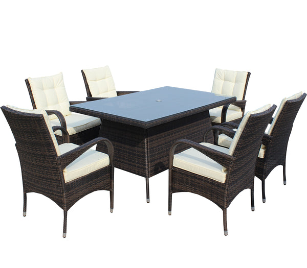 English Elm Patio 7-Piece Rectangular Dining Set with 6 Chairs, Brown PE Rattan, Beige Cushions, Tempered Glass Table W209S00011