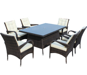 English Elm Patio 7-Piece Rectangular Dining Set with 6 Chairs, Brown PE Rattan, Beige Cushions, Tempered Glass Table W209S00011