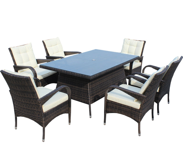 English Elm Patio 7-Piece Rectangular Dining Set with 6 Chairs, Brown PE Rattan, Beige Cushions, Tempered Glass Table W209S00011