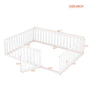 English Elm Queen Floor Bed Frame Pinewood Fence Enclosure with Hinged Door for Kids Room WF299304AAK