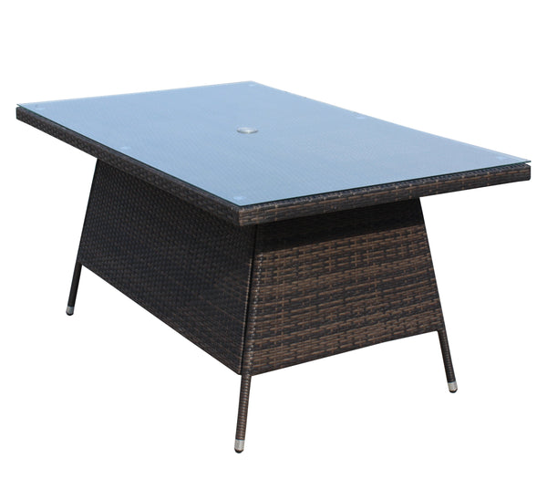 English Elm Outdoor Patio Rectangular Dining Table with 0.2" Tempered Glass Brown Wicker PE Rattan Frame, UV‑Resistant W20967121