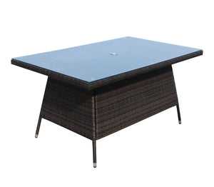 English Elm Outdoor Patio Rectangular Dining Table with 0.2" Tempered Glass Brown Wicker PE Rattan Frame, UV‑Resistant W20967121