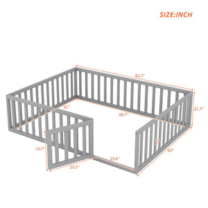 English Elm Queen Floor Bed Frame Pinewood Fence Enclosure with Hinged Door for Kids Room Gray WF299304AAE