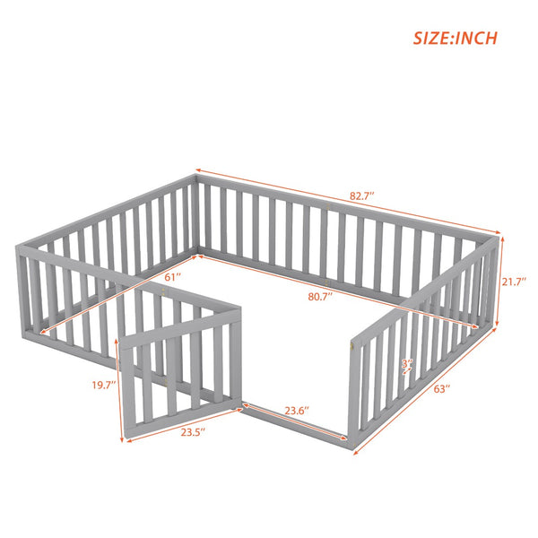 English Elm Queen Floor Bed Frame Pinewood Fence Enclosure with Hinged Door for Kids Room Gray WF299304AAE