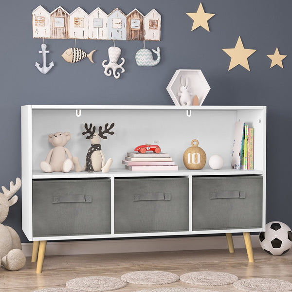 English Elm Kids Bookcase with Collapsible Fabric Drawers, White Gray MDF & Pine Legs, Display Shelves Toy Storage Organizer W80842426