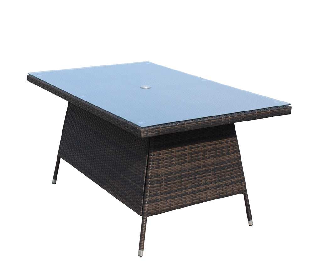English Elm Outdoor Patio Rectangular Dining Table with 0.2" Tempered Glass Brown Wicker PE Rattan Frame, UV‑Resistant W20967121