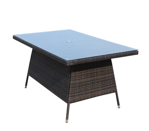 English Elm Outdoor Patio Rectangular Dining Table with 0.2" Tempered Glass Brown Wicker PE Rattan Frame, UV‑Resistant W20967121