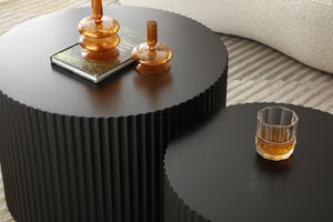 English Elm Nesting Round Mdf Coffee Tables with Relief Detail for Modern Living Rooms 2 Piece Matt Black W87682176