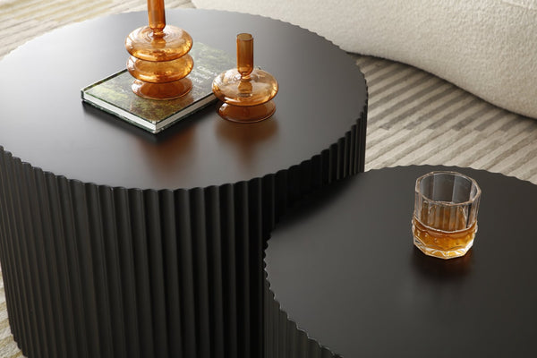 English Elm Nesting Round Mdf Coffee Tables with Relief Detail for Modern Living Rooms 2 Piece Matt Black W87682176