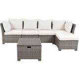 Hearth and Haven 6 Piece Outdoor Sofa Set with PE Wicker Rattan Sofa, 2 Corner Chairs, 2 Single Chairs, Ottoman and Storage Table, Beige