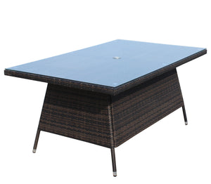 English Elm Outdoor Patio Rectangular Dining Table with 0.2" Tempered Glass Brown Wicker PE Rattan Frame, UV‑Resistant W20967121