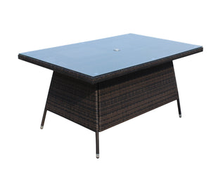 English Elm Outdoor Patio Rectangular Dining Table with 0.2" Tempered Glass Brown Wicker PE Rattan Frame, UV‑Resistant W20967121