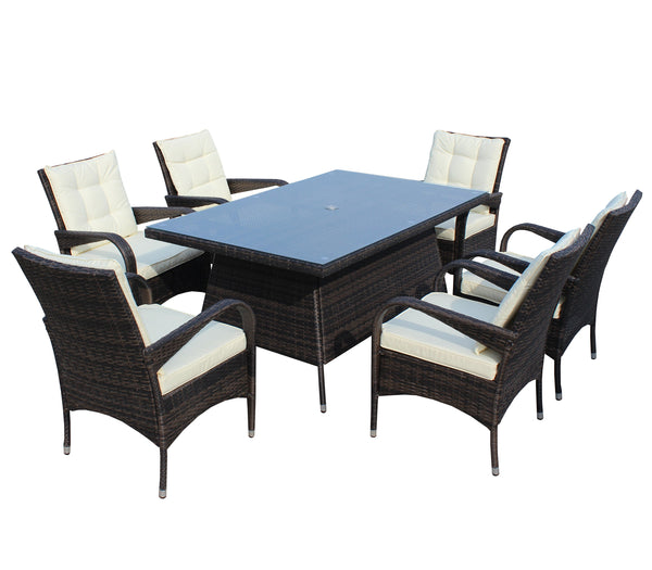 English Elm Patio 7-Piece Rectangular Dining Set with 6 Chairs, Brown PE Rattan, Beige Cushions, Tempered Glass Table W209S00011