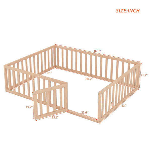 English Elm Queen Floor Bed Frame Pinewood Fence Enclosure with Hinged Door for Kids Room Natural WF299304AAM