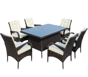English Elm Patio 7-Piece Rectangular Dining Set with 6 Chairs, Brown PE Rattan, Beige Cushions, Tempered Glass Table W209S00011